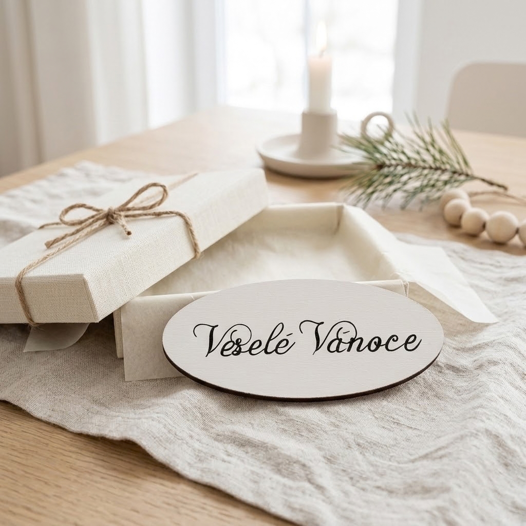 Bílá dřevěná cedulka Veselé Vánoce o rozměru 10 × 4 cm pro věnce a dárkové balení